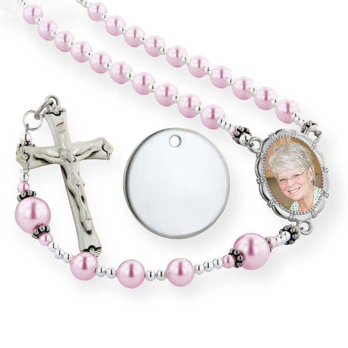 Simulated Pearl and Polished Bead Rosary with Photo and